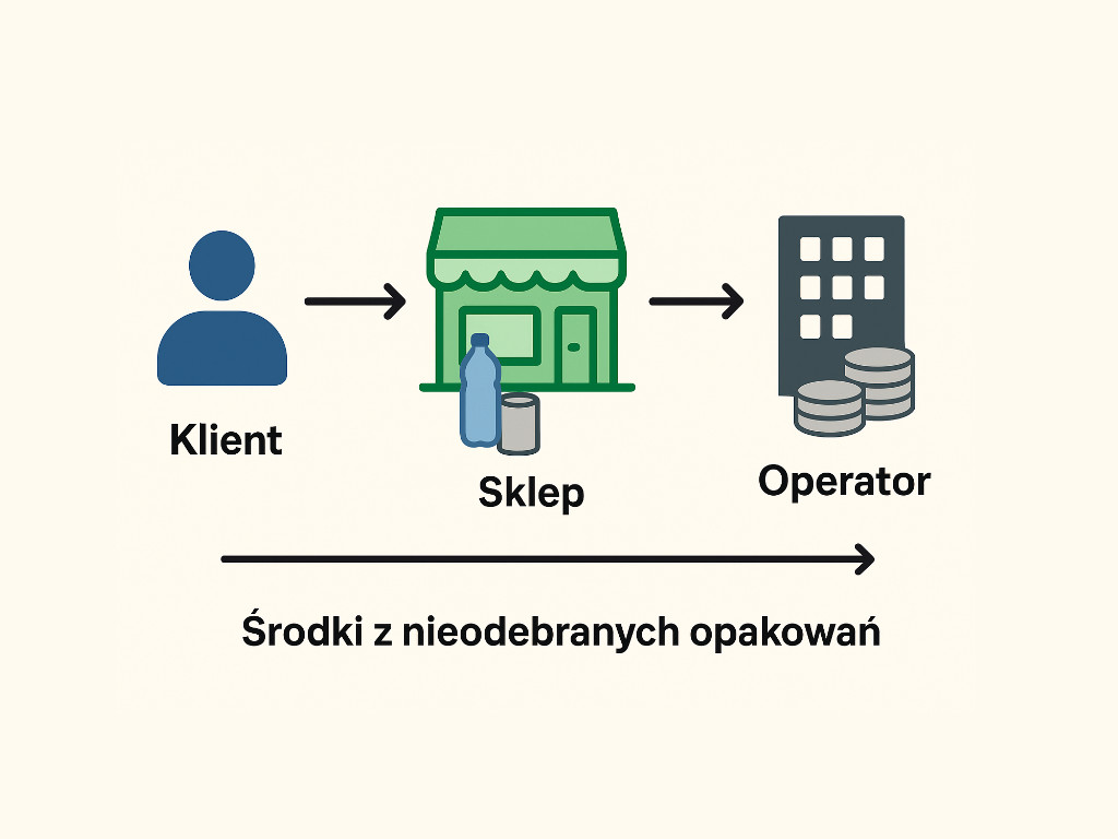 Jak środki trafiają od klienta do sklepu i dalej do operatora systemu kaucyjnego. Infografika.