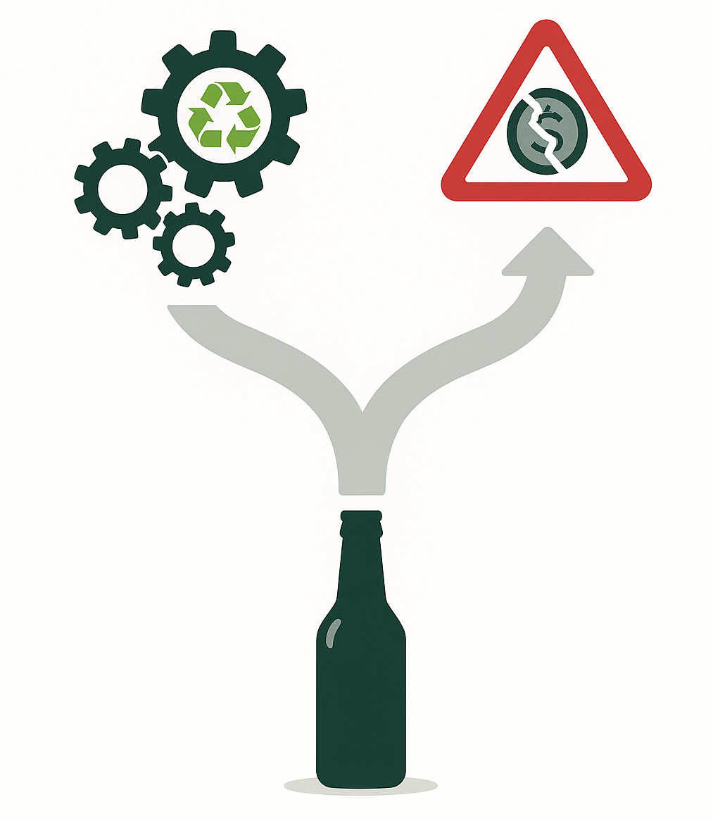 System kaucyjny butelek ilustracja z butelką i kołami zębatymi.